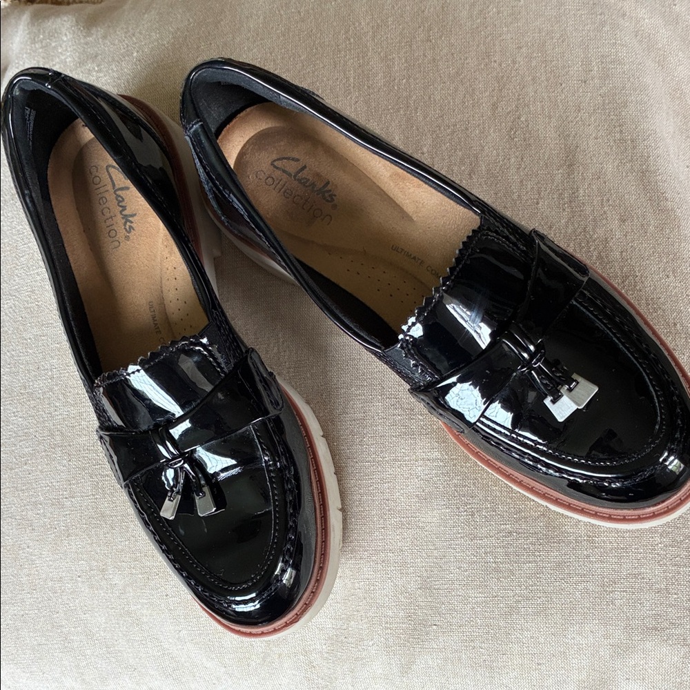 Clarks Black Patent Tassel Penny Loafers